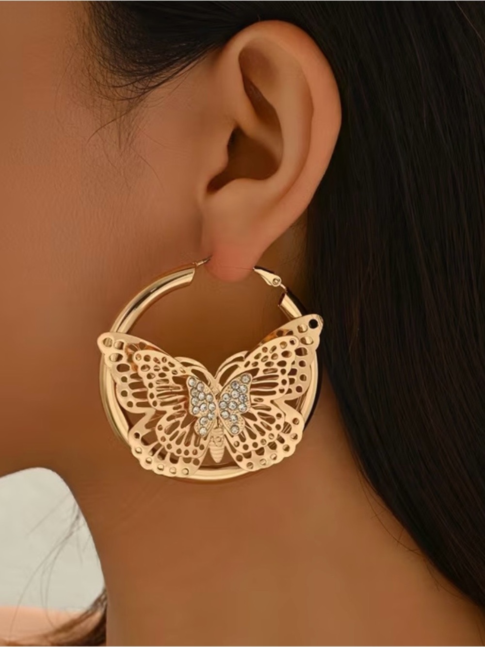 Gold Tone Butterfly Hoop Earrings with Crystal Accent
